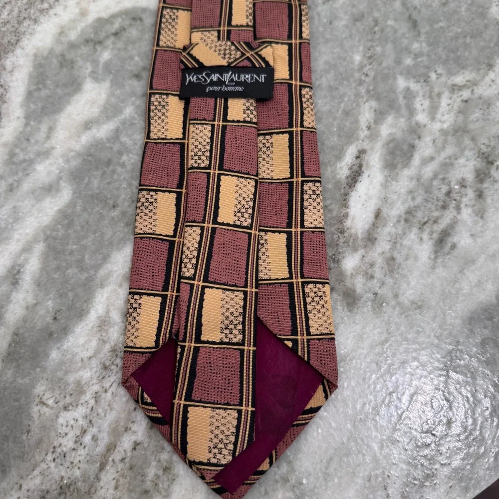 Yves Saint Laurent Pour Homme Silk Tie Burgundy Tan Geometric Grid Vintage 4
